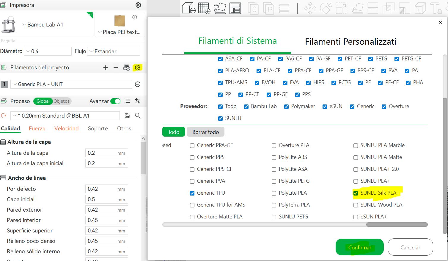 Configuración Sunlu PLA+ Silk en Bambu Studio