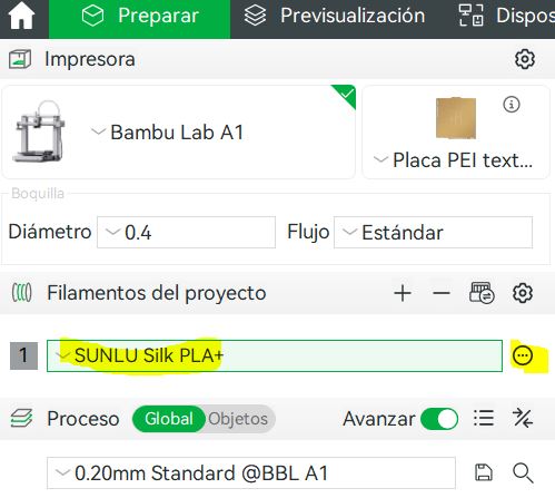 Configuración Sunlu PLA+ Silk en Bambu Studio